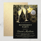 Rente Party Gold Black Confetti Champagne Einladung (Vorne/Hinten)