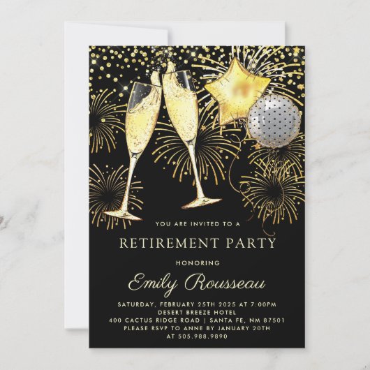 Rente Party Gold Black Confetti Champagne Einladung (Vorderseite)