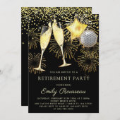 Rente Party Gold Black Confetti Champagne Einladung (Vorne/Hinten)