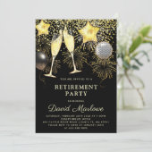 Rente Party Gold Black Confetti Champagne Einladung (Stehend Vorderseite)