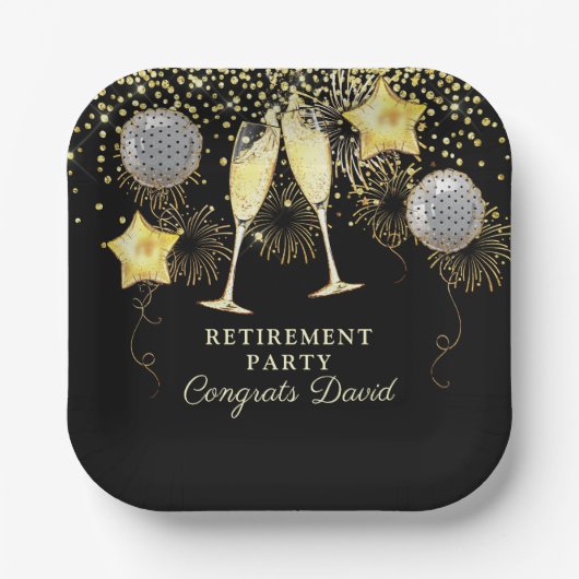 Rente Party Gold Black Confetti Champagne Pappteller (Vorderseite)