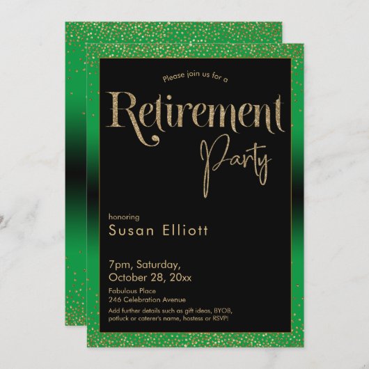 Rente Party Gold Glitzer für hellgrün Einladung (Vorne/Hinten)