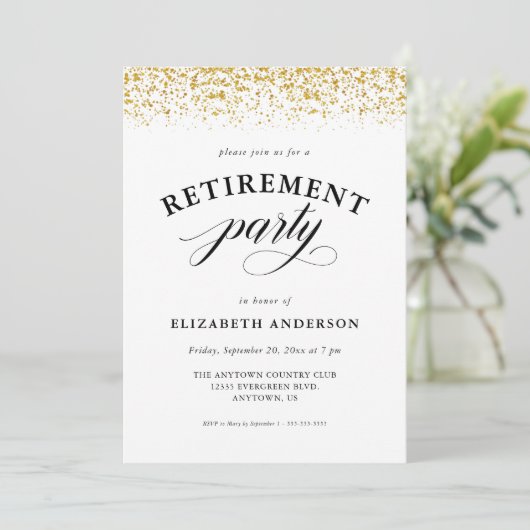 Rente Party Gold Glitzer Script Einladung (Stehend Vorderseite)