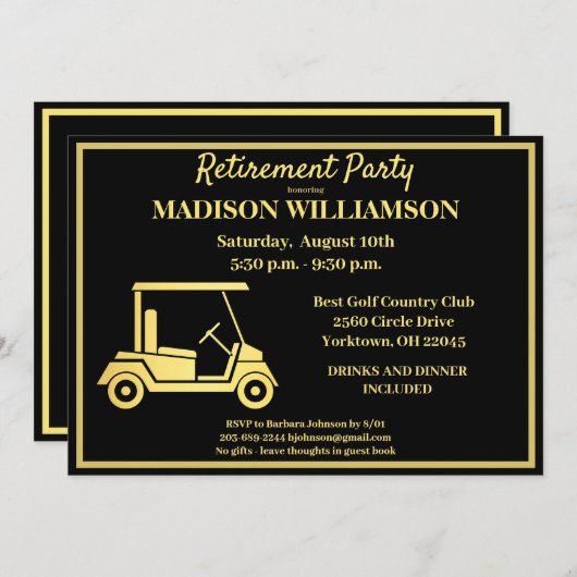 Rente Party Golf Black Gold Einladung (Vorne/Hinten)