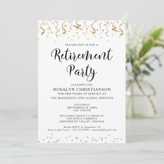 Rente Party Modernes Gold Confetti Streamer Einladung (Stehend Vorderseite)