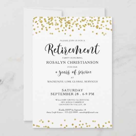 Rente Party Modernes Script Gold Confetti Einladung (Vorderseite)