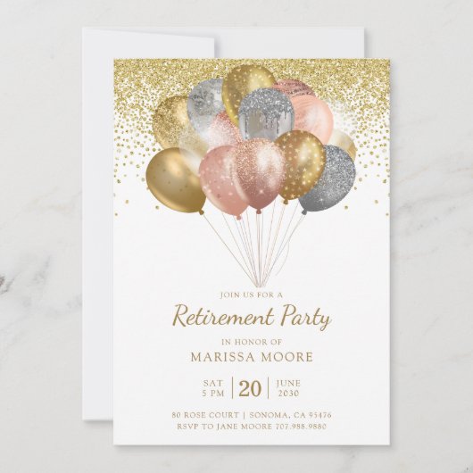 Rente Party Rose Gold Silver Gold Balloons Einladung (Vorderseite)