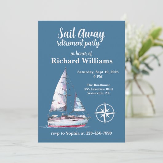 Rente Party Sail Away Nautic Theme Einladung (Stehend Vorderseite)