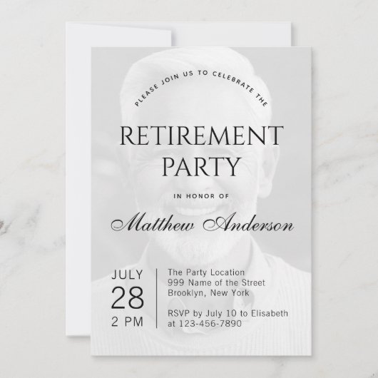 Rente Party Schwarz-Weiß-Transparentes Foto Einladung (Vorderseite)