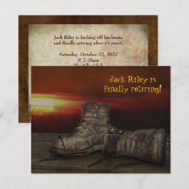 Rente Party Stiefel auf Holz mit Sonnenuntergang Einladung