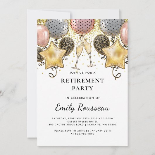 Renten Party Gold Glitzer Confetti Balloons Einladung (Vorderseite)