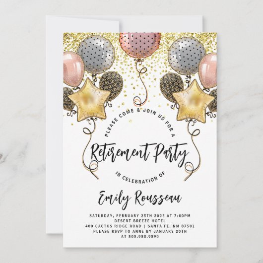 Renten Party Gold Glitzer Confetti Balloons Einladung (Vorderseite)