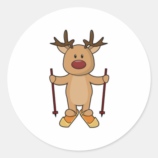 Rentier als Skifahrer mit Skiern und Skistöcken Runder Aufkleber (Vorderseite)