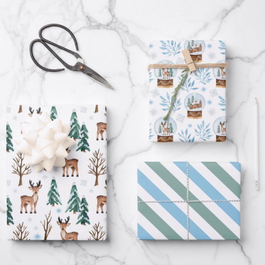 Rentier and Snow Globes Wrapping Paper Set 3 Geschenkpapier Set (Vorderseite)