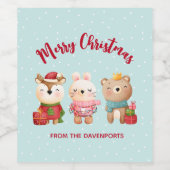 Rentier, Bären & Kaninchen Frohe Weihnachten Weinetikett (Einzelnes Label)