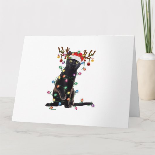 Rentier Black Cat Christmas Lights Funny Cat Liebe Karte (Vorderseite)