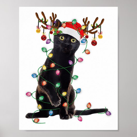 Rentier Black Cat Christmas Lights Funny Cat Liebe Poster (Vorne)