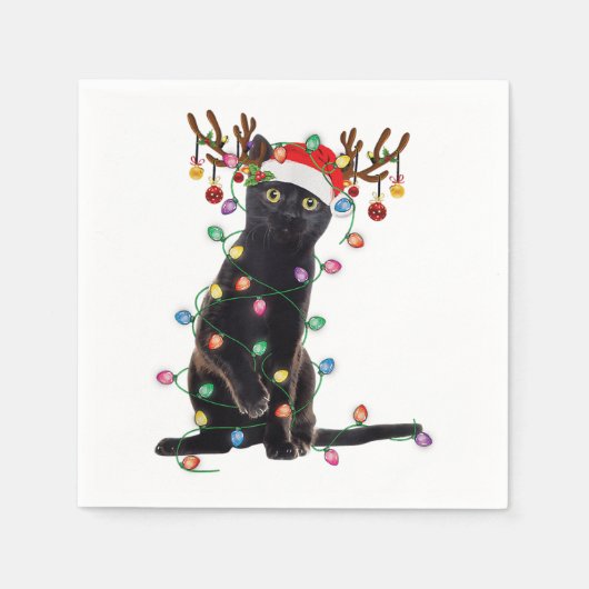 Rentier Black Cat Christmas Lights Funny Cat Liebe Serviette (Vorderseite)