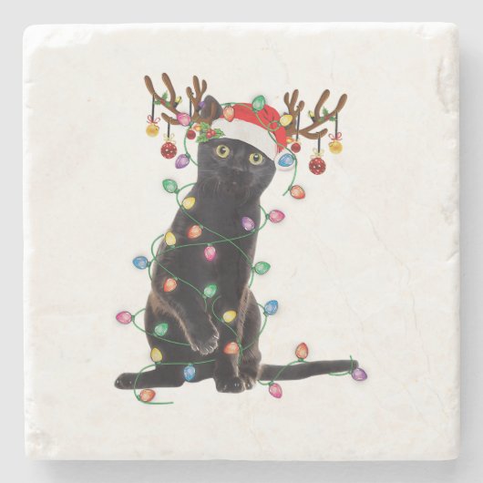 Rentier Black Cat Christmas Lights Funny Cat Liebe Steinuntersetzer (Vorderseite)