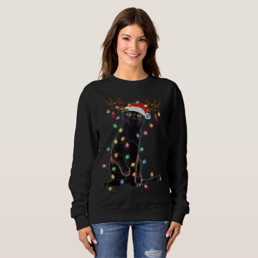Rentier Black Cat Christmas Lights Funny Cat Liebe Sweatshirt (Vorne ganz)