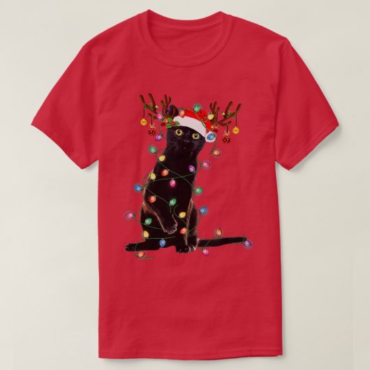 Rentier Black Cat Christmas Lights Funny Cat Liebe T-Shirt (Design vorne)