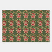 Rentier Cartoon Gesicht funkelnd rote Nase Goldhor Geschenkpapier Set (Vorderseite 3)