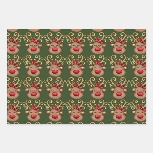 Rentier Cartoon Gesicht funkelnd rote Nase Goldhor Geschenkpapier Set (Vorderseite 3)