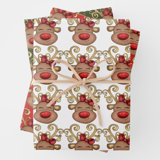 Rentier Cartoon Gesicht funkelnd rote Nase Goldhor Geschenkpapier Set (Beispiel)