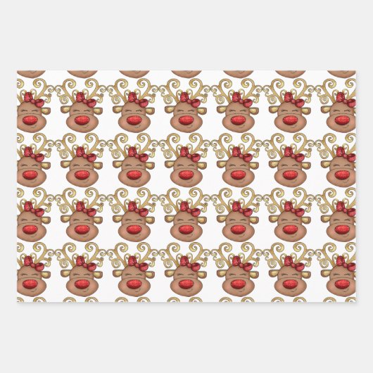 Rentier Cartoon Gesicht funkelnd rote Nase Goldhor Geschenkpapier Set (Vorderseite)