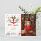 Rentier Christmas 1. Geburtstag Roter Winter Hirsc Einladung (Stehend Vorderseite)