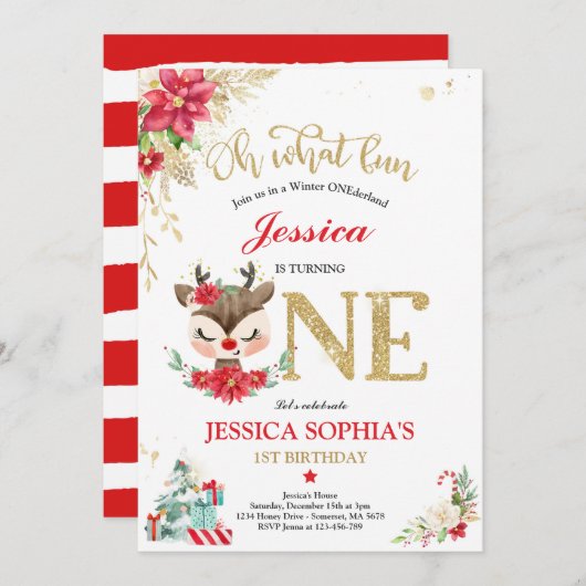 Rentier Christmas 1. Geburtstag Roter Winter Hirsc Einladung (Vorne/Hinten)