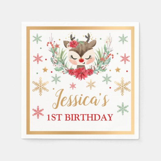 Rentier Christmas 1. Geburtstag Roter Winter Hirsc Serviette (Vorderseite)