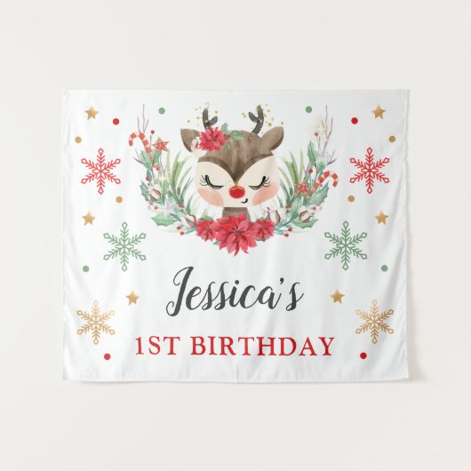 Rentier Christmas 1. Geburtstag Winter Deer Banner Wandteppich (Vorderseite (Horizontal))