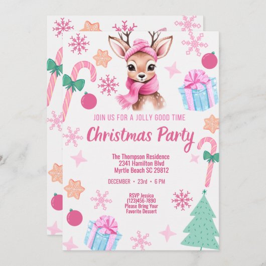 Rentier Christmas Party Pink Einladung (Vorne/Hinten)
