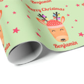Rentier Christmas Red Green Name Personalisiert Geschenkpapier (Rolleneckpunkt)