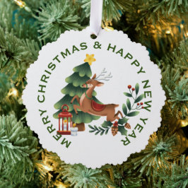 Rentier & Christmas Tree on White , PERSONALISIERT Ornament Karte