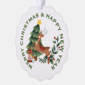 Rentier & Christmas Tree on White , PERSONALISIERT Ornament Karte (Links)