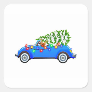 Rentier fährt ein Käfer mit Weihnachtsbaum Quadratischer Aufkleber