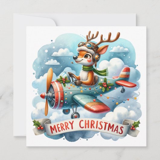 Rentier Flying Airplane Weihnachtskarte (Vorderseite)
