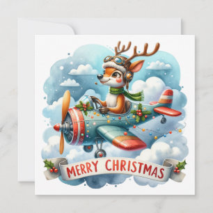 Rentier Flying Airplane Weihnachtskarte