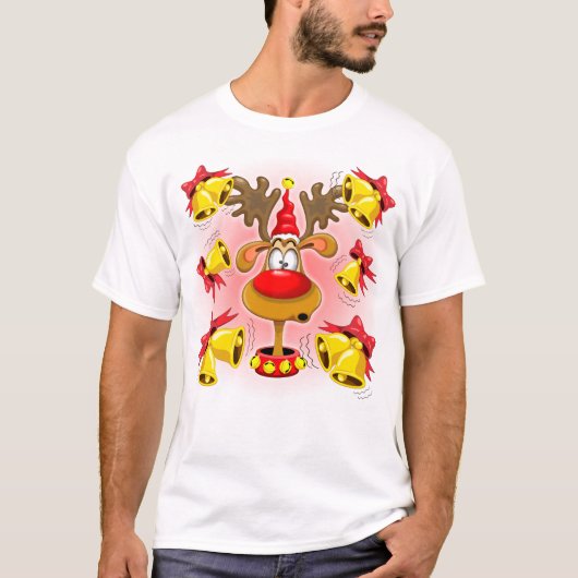 Rentier Fun Weihnachten Cartoon mit Bells Alarms T-Shirt (Vorderseite)