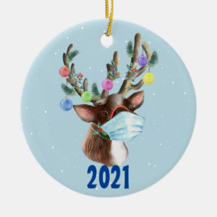 Rentier-Gesichtsmaske Weihnachten Pandemie 2021 Keramik Ornament