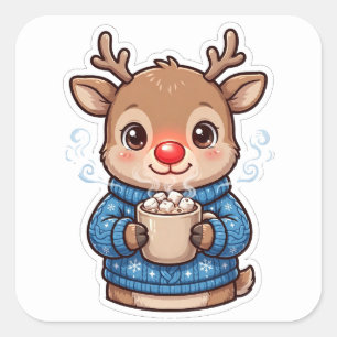 Rentier Heiße Schokolade Weihnachtssticker Quadratischer Aufkleber