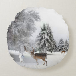 Rentier im Schneekissen Rundes Kissen