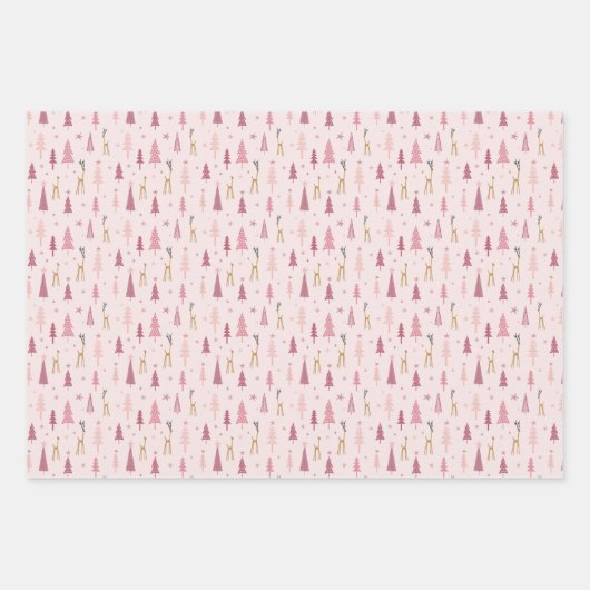 Rentier im Wald in Pfefferminzgrün und rosa Wrackf Geschenkpapier Set (Vorderseite)