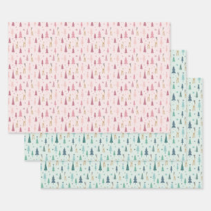 Rentier im Wald in Pfefferminzgrün und rosa Wrackf Geschenkpapier Set