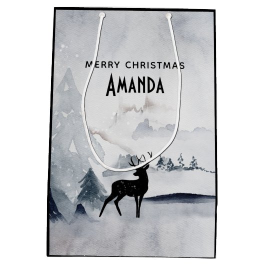 Rentier in der Wildgrau-Wasserfarbe Weihnachten Mittlere Geschenktüte (Rückseite)