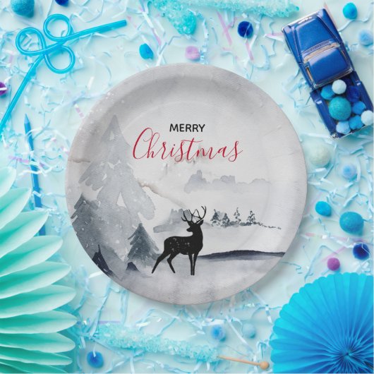 Rentier in der Wildgrau-Wasserfarbe Weihnachten Pappteller (Party)