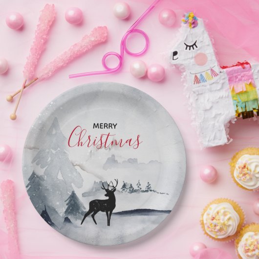 Rentier in der Wildgrau-Wasserfarbe Weihnachten Pappteller (Party)