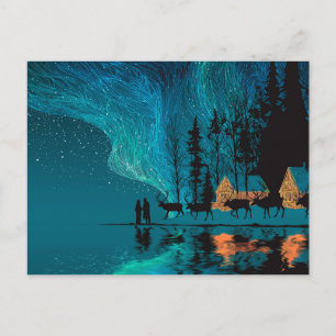 Rentier, Kabine, Nordlichter am Wintersee Feiertagspostkarte